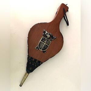 Vintage MCM Wood Leather Fireplace Bellows Blower Brass Tip Knight Shield Works